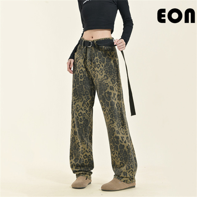 Women Hip Hop Wiped Color Wide-leg Jeans Bottoms Pants Trousers Outfits Casual Jeans