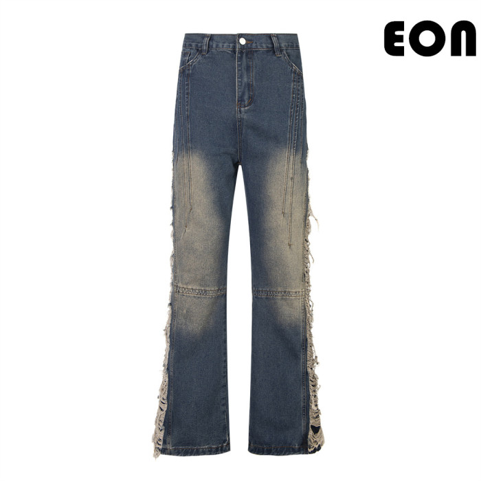 Women Hip Hop Wiped Color Wide-leg Jeans Bottoms Pants Trousers Outfits Casual Jeans