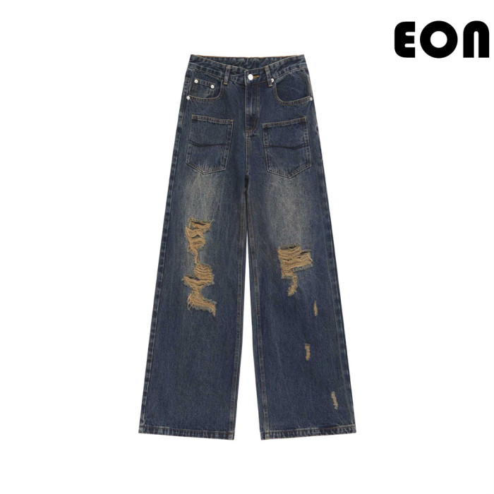 Women Vintage Ripped Wide-leg Jeans Bottoms Pants Trousers Outfits Casual Jeans