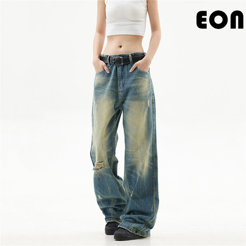 Women Vintage Ripped Wide-leg Jeans Bottoms Pants Trousers Outfits Casual Jeans