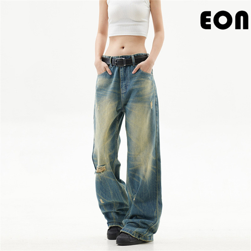 Women Vintage Ripped Wide-leg Jeans Bottoms Pants Trousers Outfits Casual Jeans