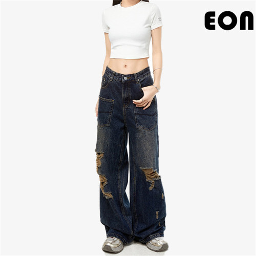 Women Vintage Ripped Wide-leg Jeans Bottoms Pants Trousers Outfits Casual Jeans