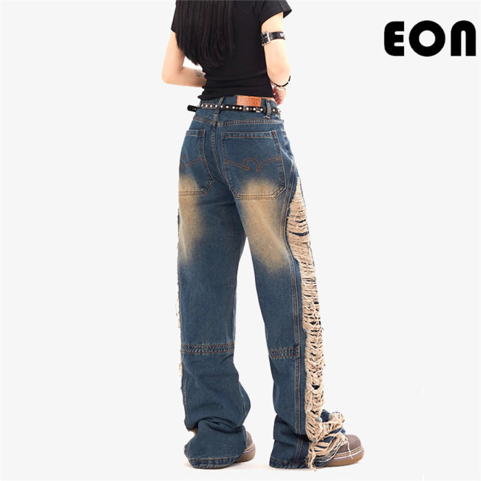 Women Hip Hop Wiped Color Wide-leg Jeans Bottoms Pants Trousers Outfits Casual Jeans