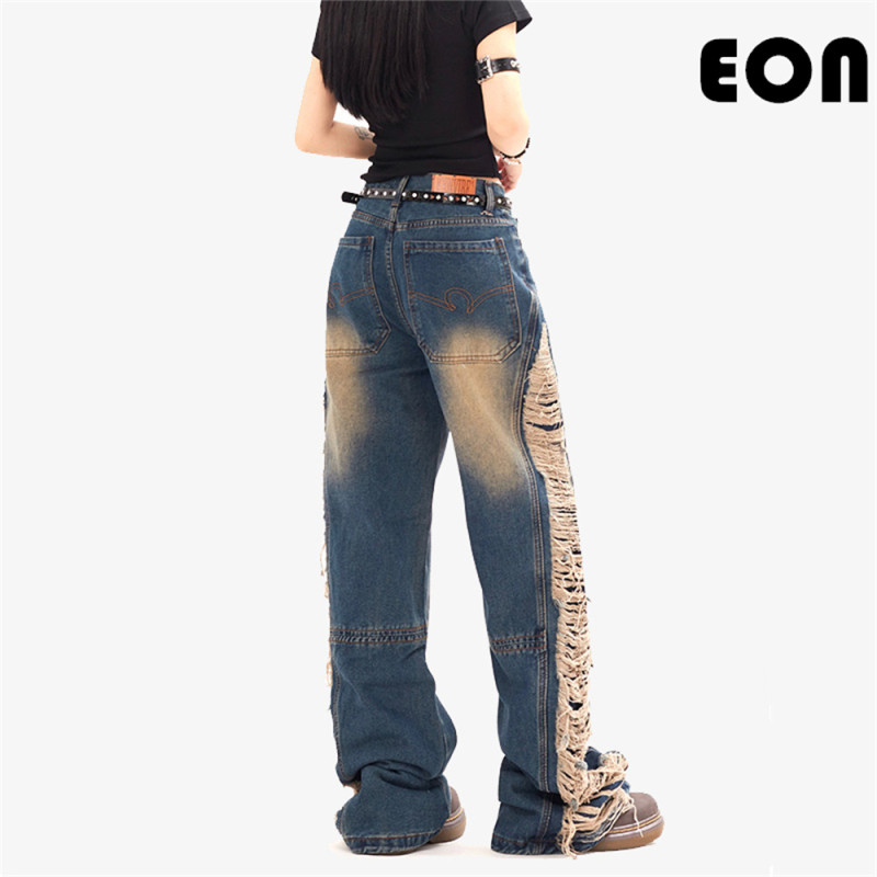Women Hip Hop Wiped Color Wide-leg Jeans Bottoms Pants Trousers Outfits Casual Jeans
