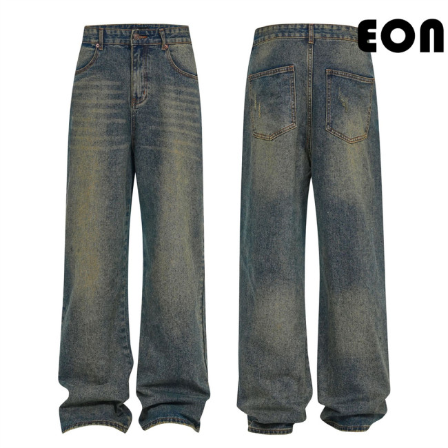 Women Hip Hop Wiped Color Wide-leg Jeans Bottoms Pants Trousers Outfits Casual Jeans