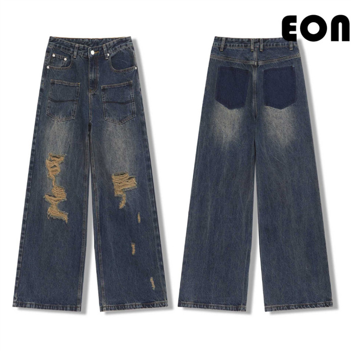 Women Vintage Ripped Wide-leg Jeans Bottoms Pants Trousers Outfits Casual Jeans