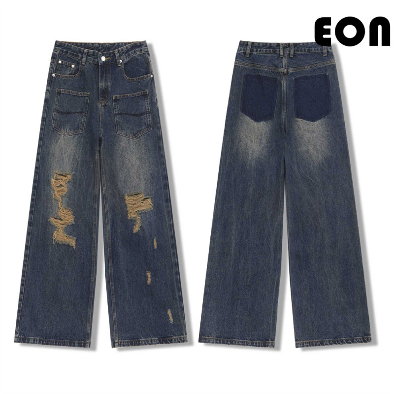 Women Vintage Ripped Wide-leg Jeans Bottoms Pants Trousers Outfits Casual Jeans