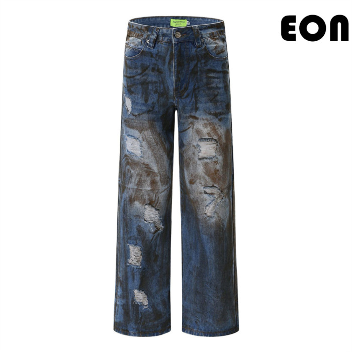 Women Hip Hop Wiped Color Wide-leg Jeans Bottoms Pants Trousers Outfits Casual Jeans