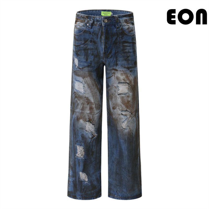 Women Hip Hop Wiped Color Wide-leg Jeans Bottoms Pants Trousers Outfits Casual Jeans