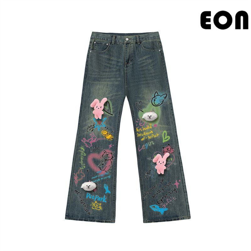 Women Vintage Ripped Wide-leg Jeans Bottoms Pants Trousers Outfits Casual Jeans