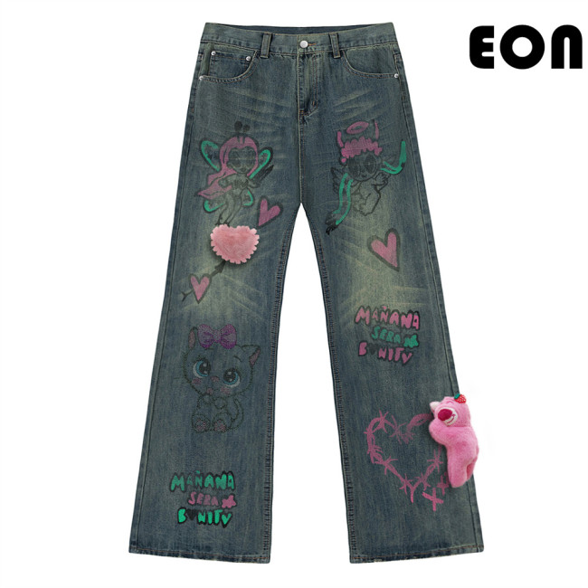 Women Hip Hop Wiped Color Wide-leg Jeans Bottoms Pants Trousers Outfits Casual Jeans