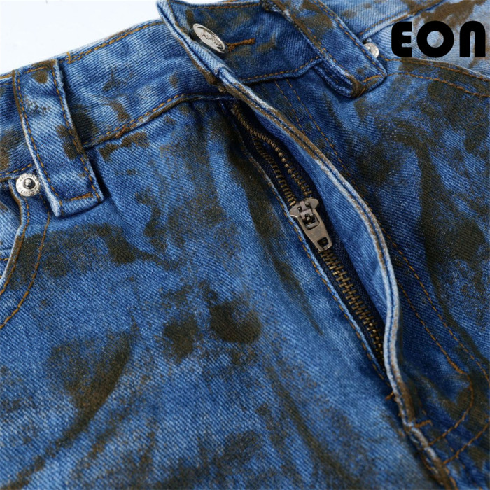 Women Hip Hop Wiped Color Wide-leg Jeans Bottoms Pants Trousers Outfits Casual Jeans