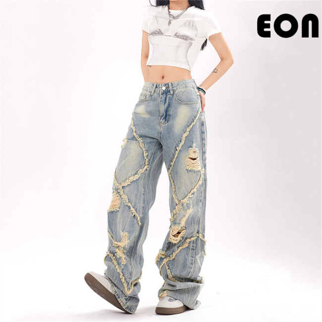Women Hip Hop Wiped Color Wide-leg Jeans Bottoms Pants Trousers Outfits Casual Jeans