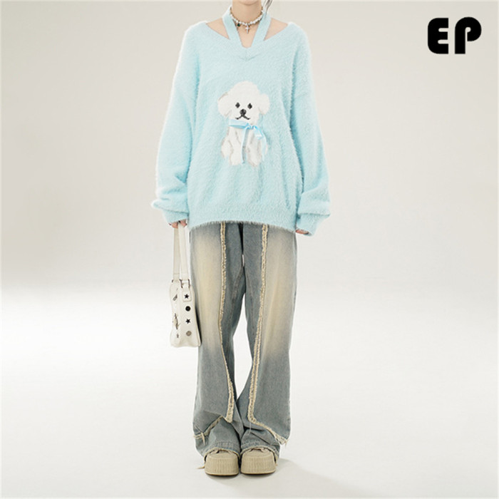 Women Knitted Sweater Pullover Pullover Cardigan Ripped Top