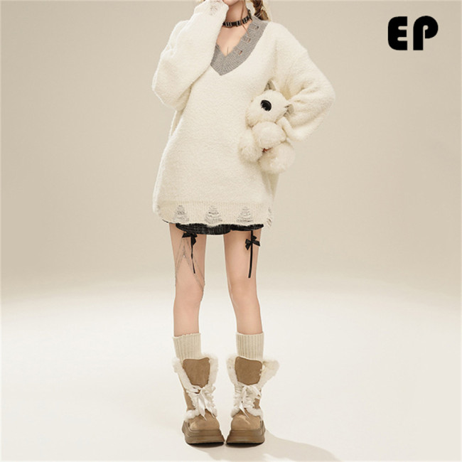 Women Knitted Sweater Pullover Pullover Cardigan Ripped Top