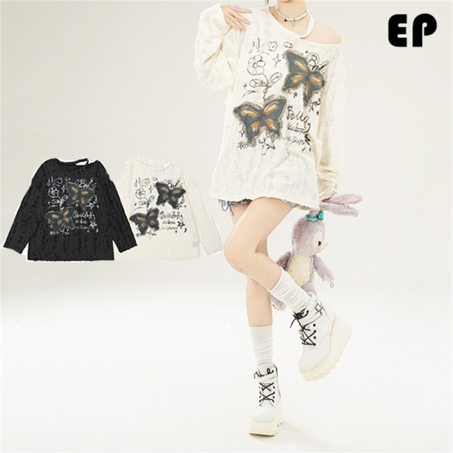 Women Knitted Sweater Pullover Pullover Cardigan Ripped Top