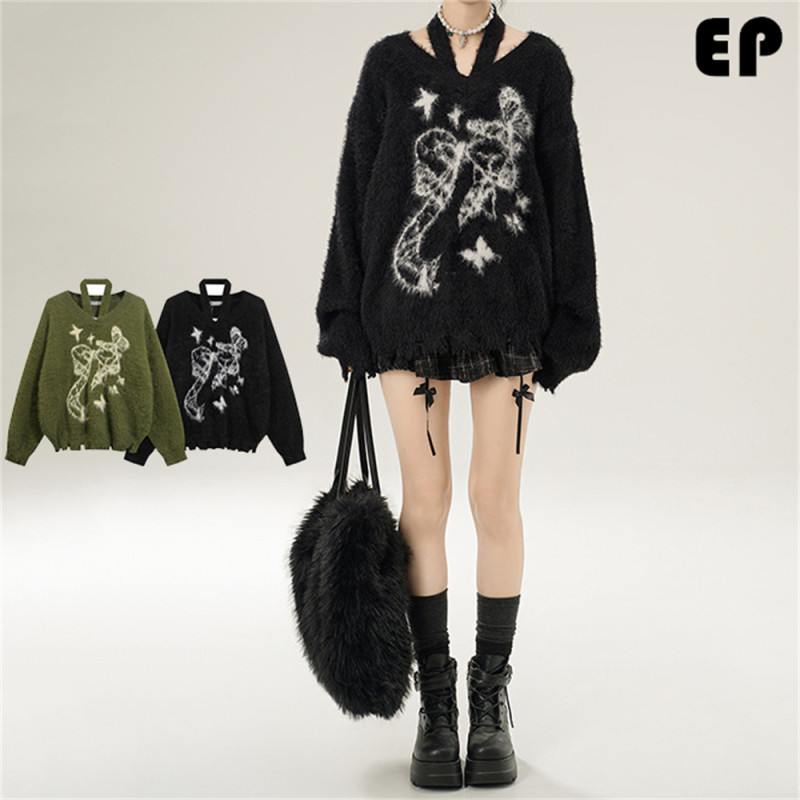 Women Knitted Sweater Pullover Pullover Cardigan Ripped Top