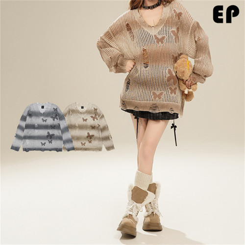 Women Knitted Sweater Pullover Pullover Cardigan Ripped Top