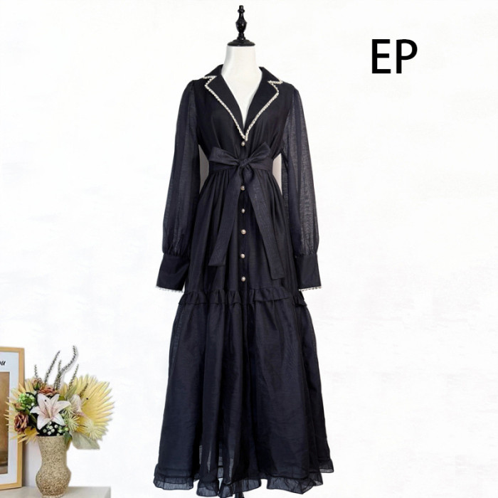 Women Elegant Pullover Suits collar Dress Long Dress V-neck Gown Jumper