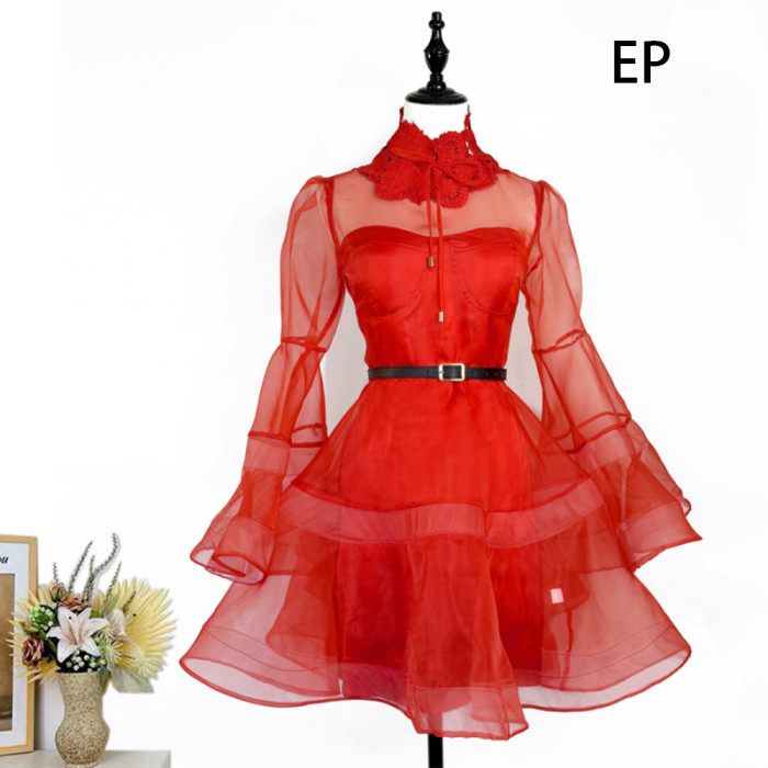 Women Elegant Sheer Mesh Mini Dress Flares Sleeves Ruffled Collar Summer Dress