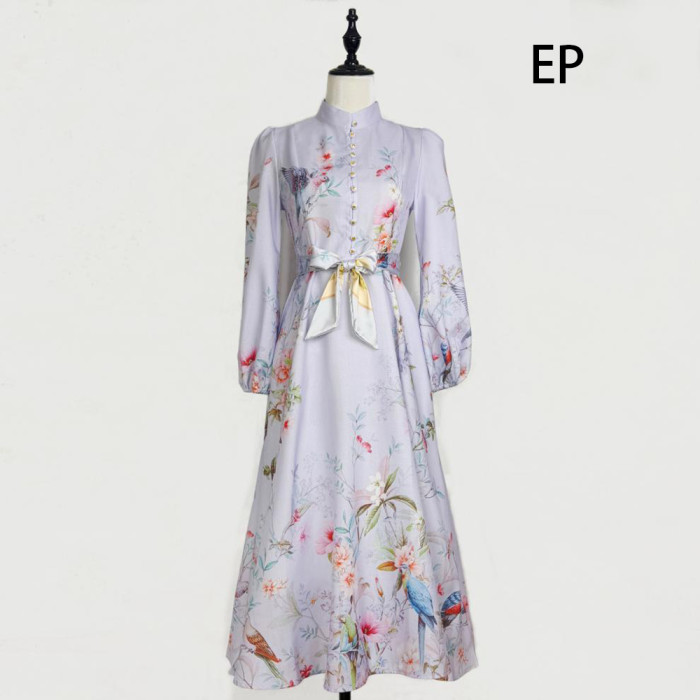 Women French Elegant Floral Print Maxi Dress Summer Long Dress