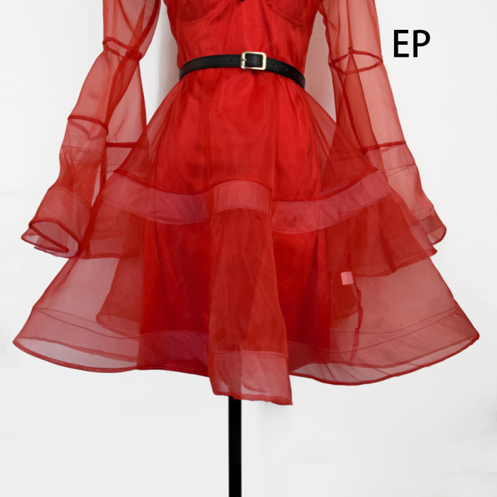 Women Elegant Sheer Mesh Mini Dress Flares Sleeves Ruffled Collar Summer Dress