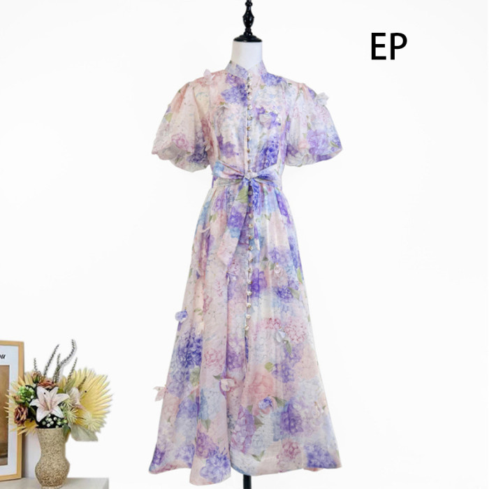 Women French Elegant  Floral Print Maxi Dress Summer Long Dress