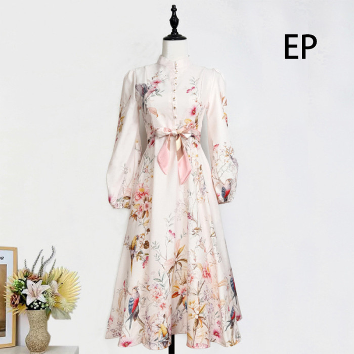 Women French Elegant Floral Print Maxi Dress Summer Long Dress