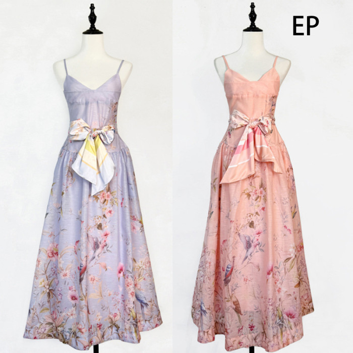 Women French Elegant  Floral Print Camisole Maxi Dress Summer Long Dress