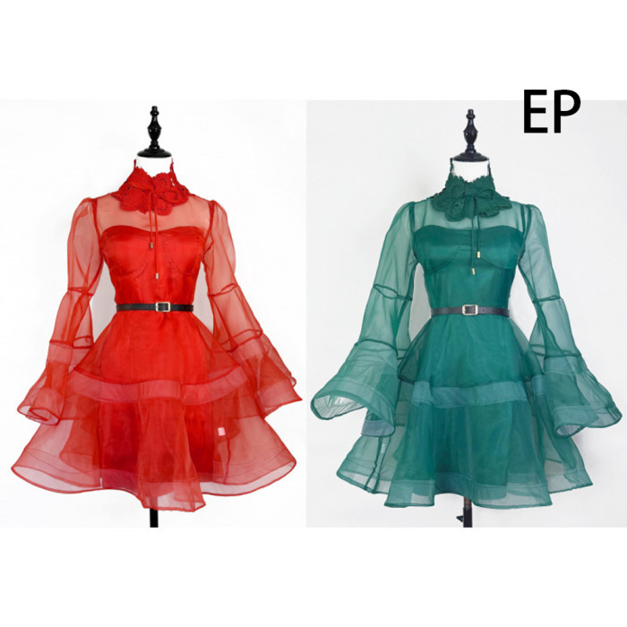 Women Elegant Sheer Mesh Mini Dress Flares Sleeves Ruffled Collar Summer Dress