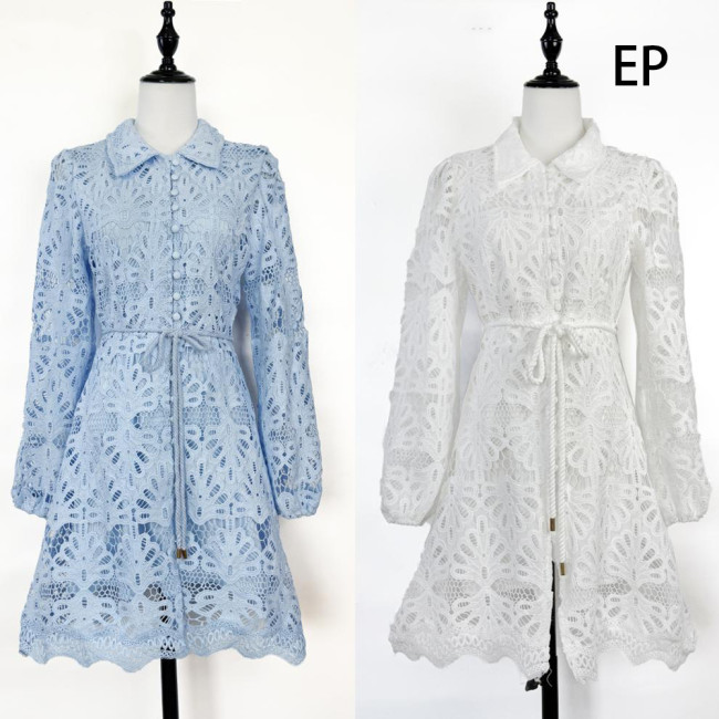 Women Elegent Lace Shirt Dress Long sleeve Collared Mini Dress Summer Dress