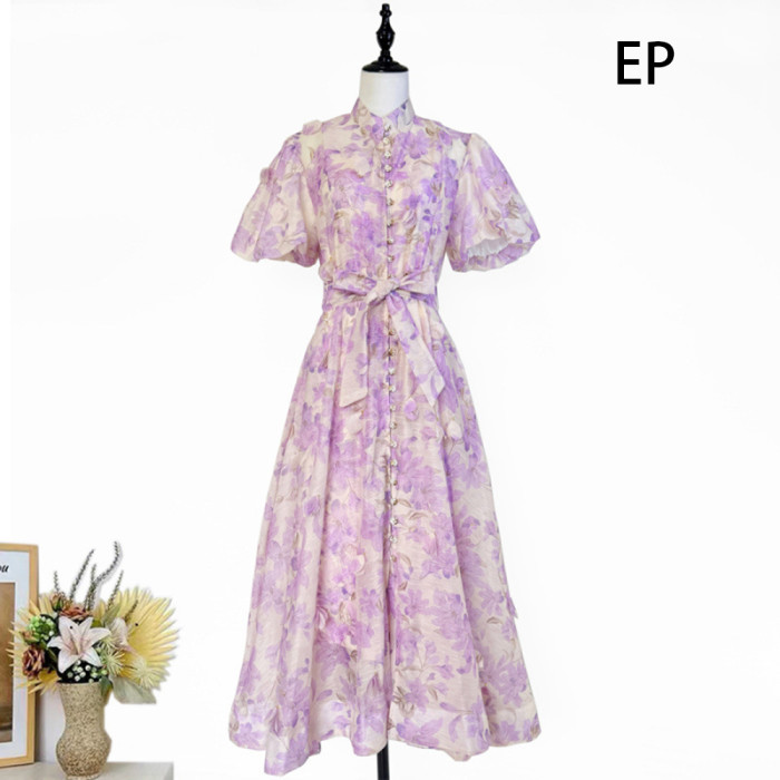 Women French Elegant  Floral Print Maxi Dress Summer Long Dress