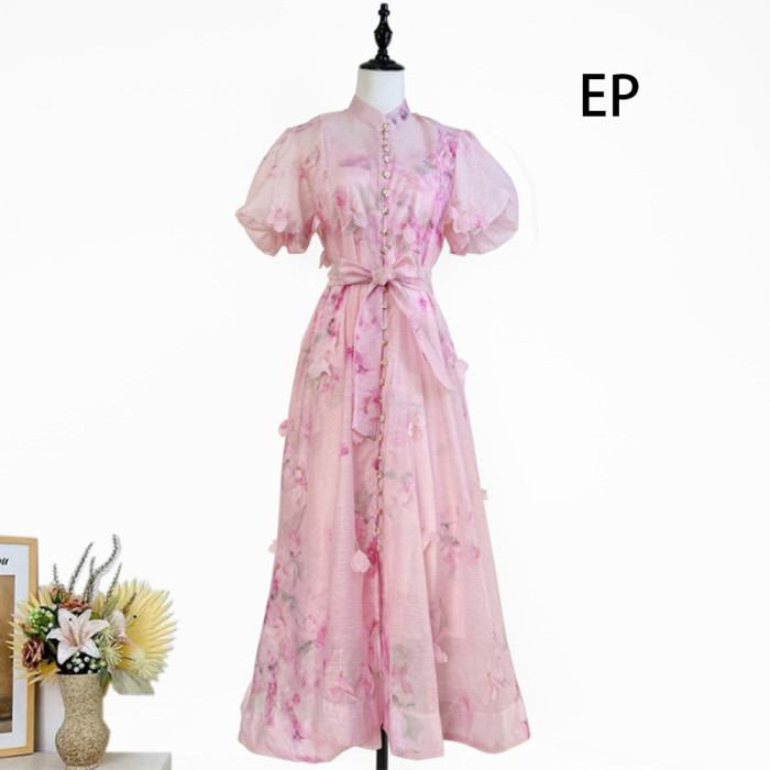 Women French Elegant  Floral Print Maxi Dress Summer Long Dress