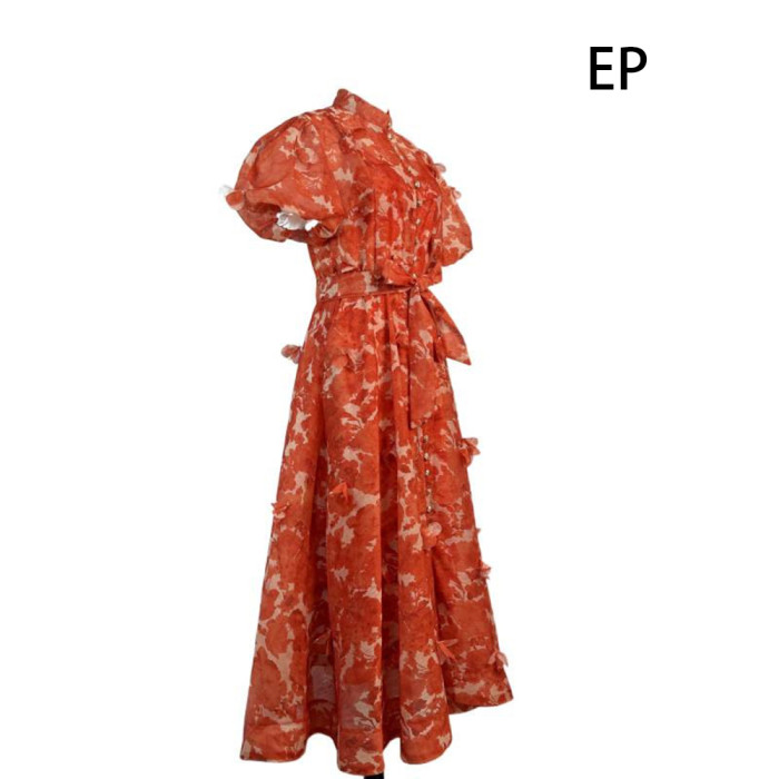 Women French Elegant  Floral Print Maxi Dress Summer Long Dress