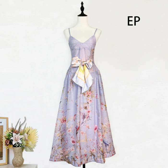 Women French Elegant  Floral Print Camisole Maxi Dress Summer Long Dress