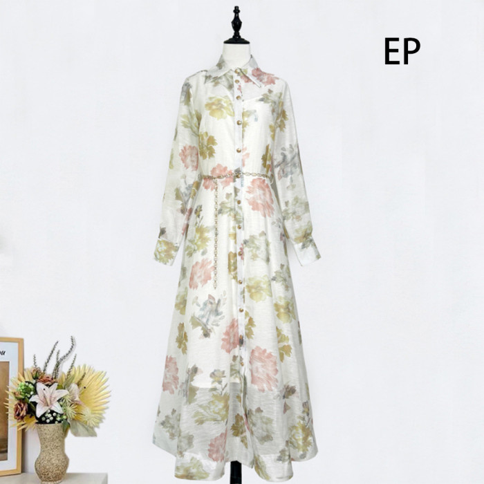 Women French Elegant Floral Print Maxi Dress Summer Long Dress