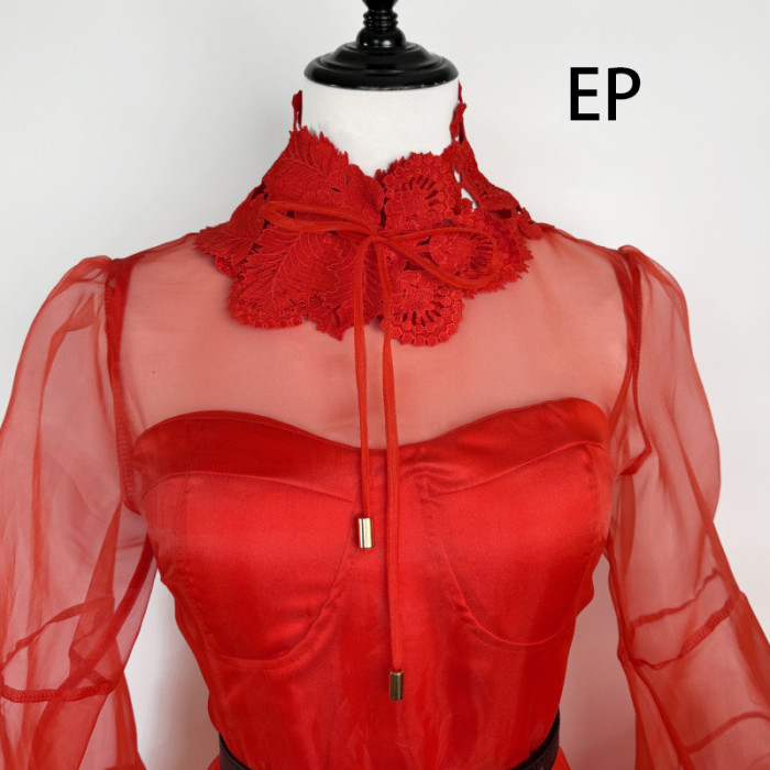 Women Elegant Sheer Mesh Mini Dress Flares Sleeves Ruffled Collar Summer Dress