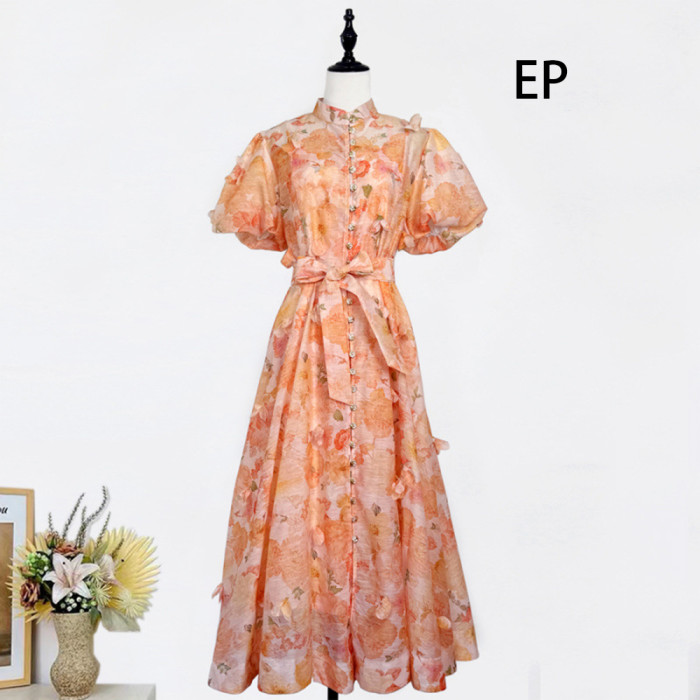 Women French Elegant  Floral Print Maxi Dress Summer Long Dress