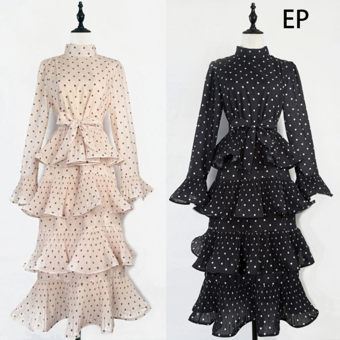 Women French Elegant  Dot Print Maxi Dress Summer Long Dress