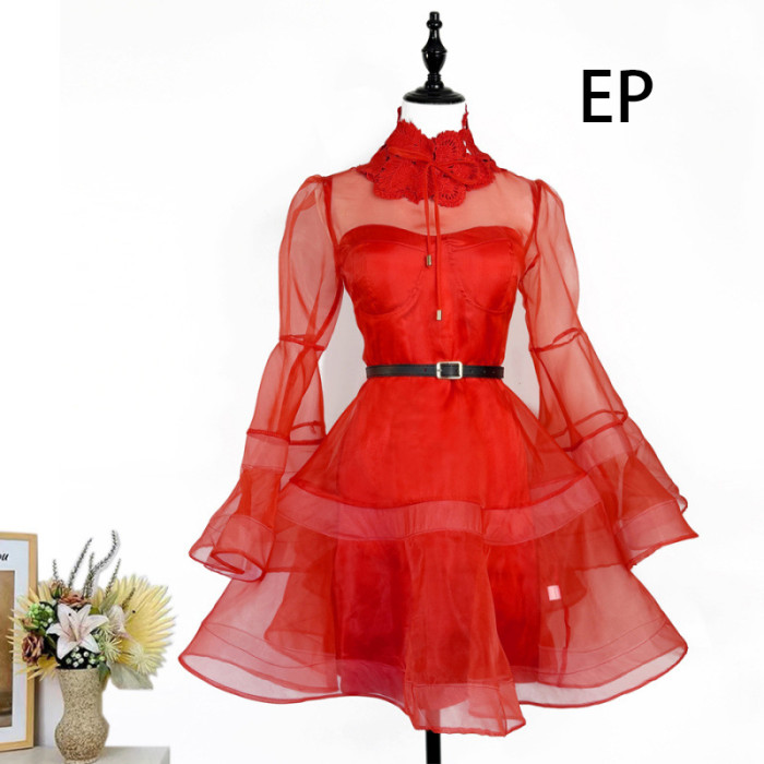 Women Elegant Sheer Mesh Mini Dress Flares Sleeves Ruffled Collar Summer Dress