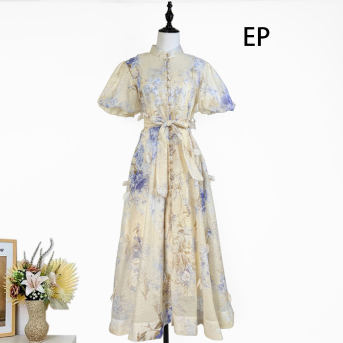 Women French Elegant  Floral Print Maxi Dress Summer Long Dress