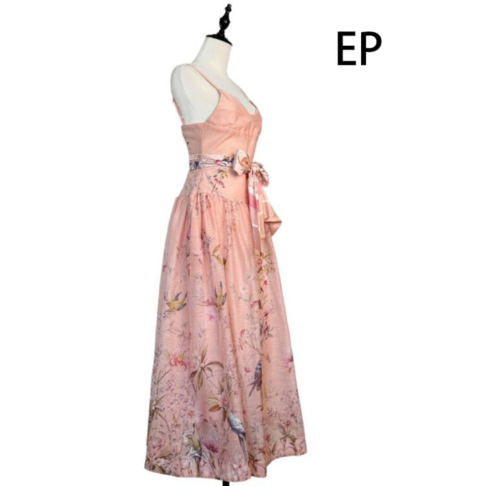 Women French Elegant  Floral Print Camisole Maxi Dress Summer Long Dress
