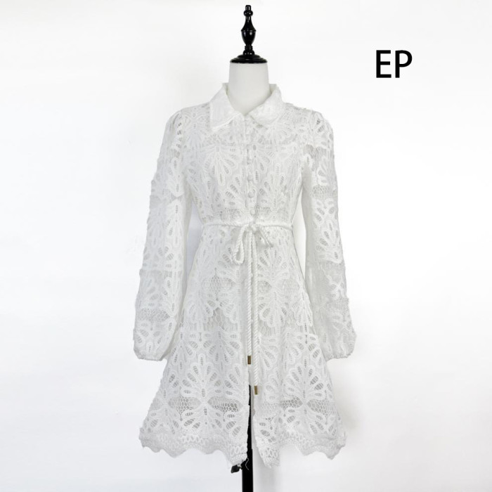 Women Elegent Lace Shirt Dress Long sleeve Collared Mini Dress Summer Dress