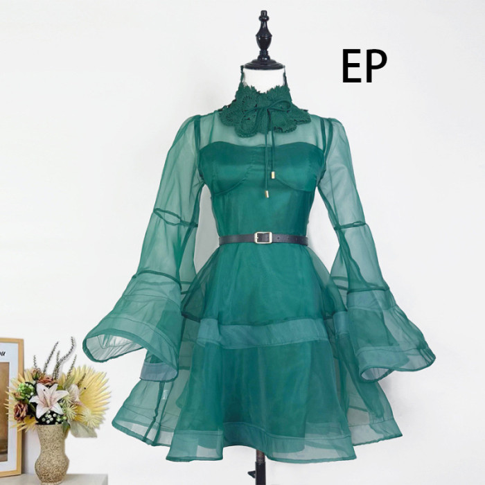 Women Elegant Sheer Mesh Mini Dress Flares Sleeves Ruffled Collar Summer Dress