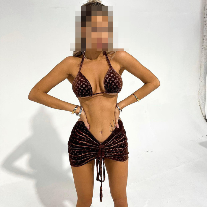 Women Three Piece Rhinestone Bikini Set Sport Bra Swimsuit Beach Thong Swimwear Bathing Suit Swimming Suit