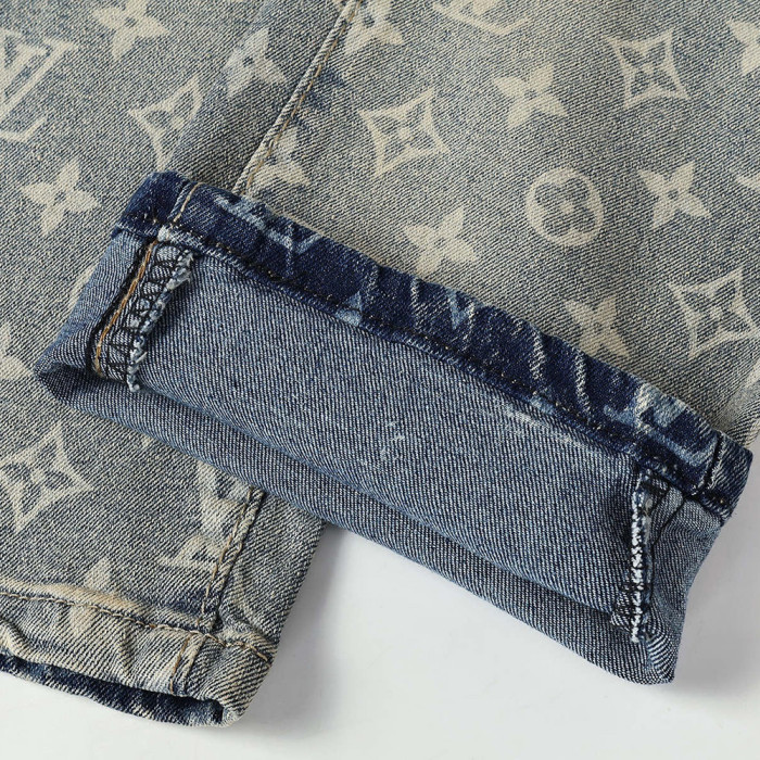 Men Vintage Distressed Denim Full Print Jeans Straight Leg Trousers Streetwear Pants Casual Bottoms Joggers Clothes Women