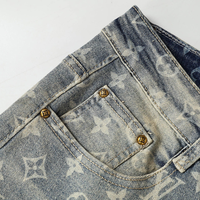 Men Vintage Distressed Denim Full Print Jeans Straight Leg Trousers Streetwear Pants Casual Bottoms Joggers Clothes Women