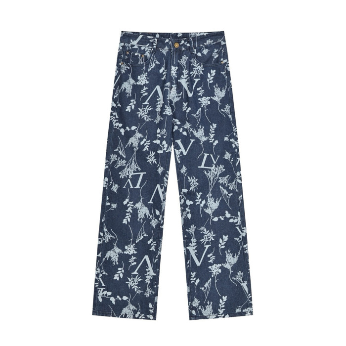 Men Vintage Distressed Denim Full Print Jeans Straight Leg Trousers Streetwear Pants Casual Bottoms Joggers Clothes Women