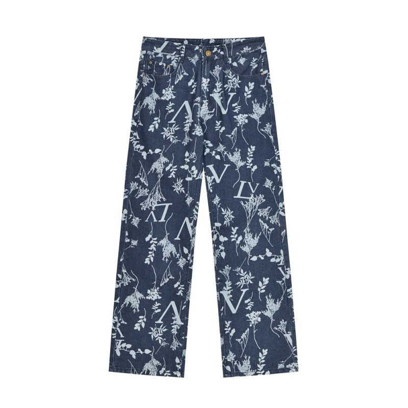 Men Vintage Distressed Denim Full Print Jeans Straight Leg Trousers Streetwear Pants Casual Bottoms Joggers Clothes Women