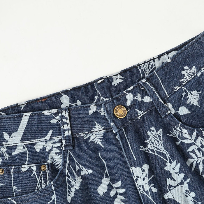 Men Vintage Distressed Denim Full Print Jeans Straight Leg Trousers Streetwear Pants Casual Bottoms Joggers Clothes Women